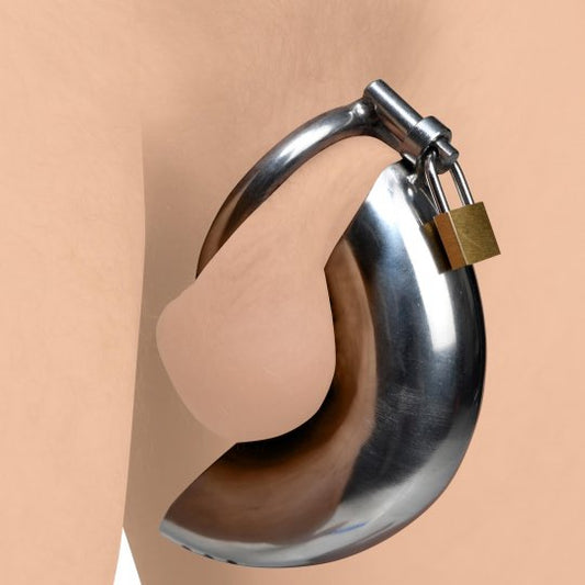 Image of a stainless steel chastity cage set with three graduated rings, a padlock, and three keys, highlighting the open tip design with drainage holes and smooth, polished surface suitable for experienced users.