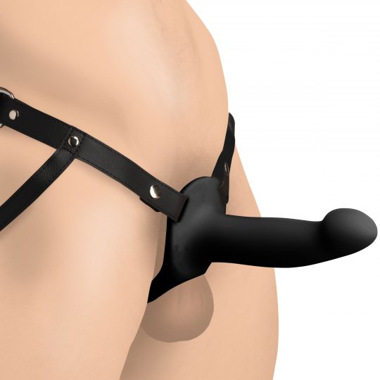 Smooth Silicone Penis Sheath with adjustable PU leather harness, showcasing a hollow design for added length and girth, featuring a round solid tip for stimulating pleasure, along with a stretchy ball ring for secure fit, all set against a black background.