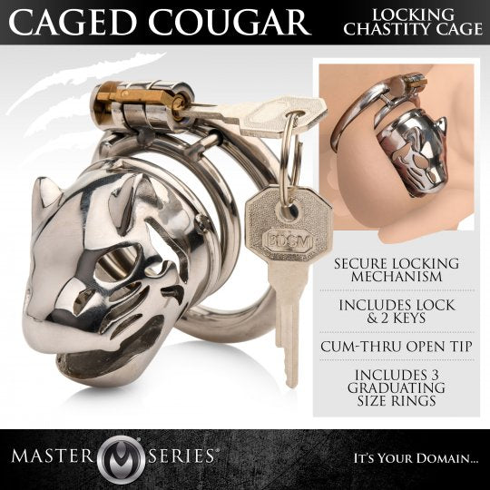 Image of a stainless steel Caged Cougar Locking Chastity Cage featuring an intricate cougar head design with an open mouth and eye openings, displaying the cum-thru tip, alongside three graduated cock ring sizes for adjustable fit, all set against a clean background.