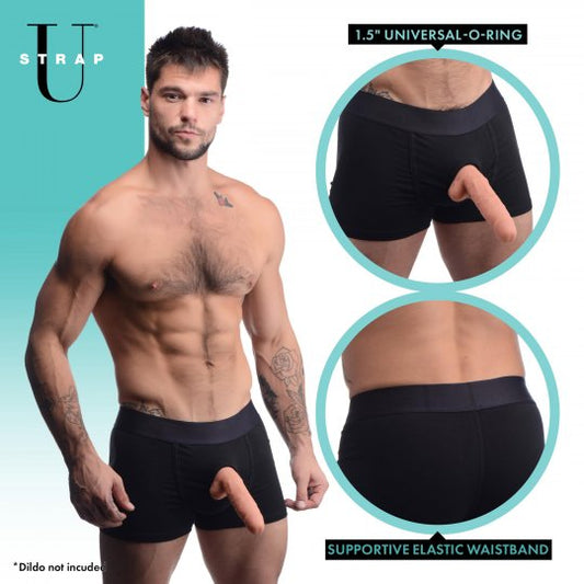 Black cotton and spandex blend boxer shorts with a 1.5 inch O-ring in the front, featuring a wide elastic waistband, designed for use with strapon dildos or packers, showcasing comfort and breathability.