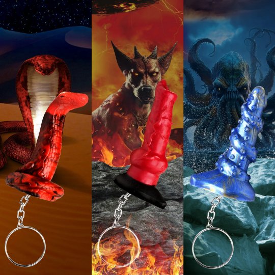 Colorful keychain set featuring miniaturized fantasy dildos: Hell-Hound in red and black, Lord Kraken in blue and gold, and King Cobra in red and black, displayed against a neutral background.