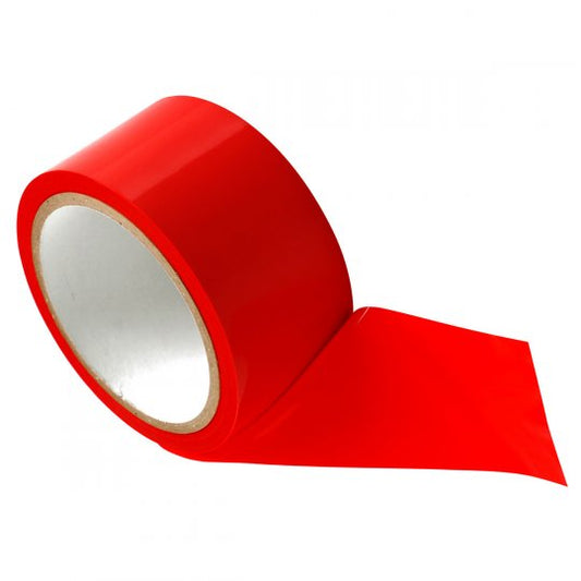 Red PVC bondage tape on a white background, showcasing its glossy surface and two-inch width, emphasizing its non-sticky nature that only adheres to itself.