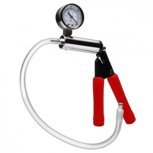 Deluxe Steel Hand Pump with pressure gauge and flexible hose, featuring chrome details and cushioned grip, designed for enhancing length and stamina, in red color, measuring 9.5 inches high and 7 inches wide.