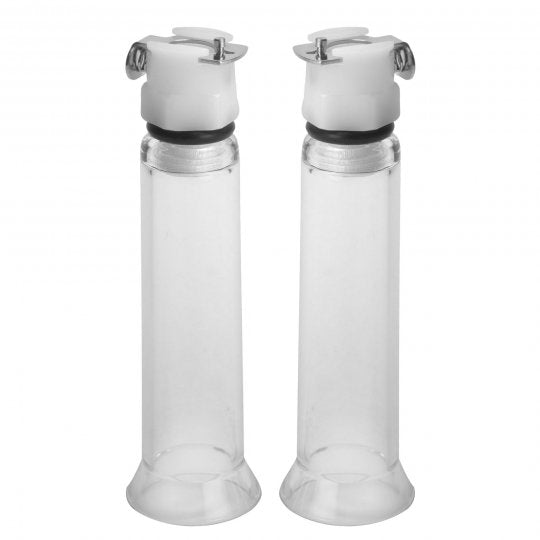 A pair of clear acrylic nipple vacuum pump cylinders on a white background, showcasing their industrial design and dual T connecter for even suction, with measurements indicated.