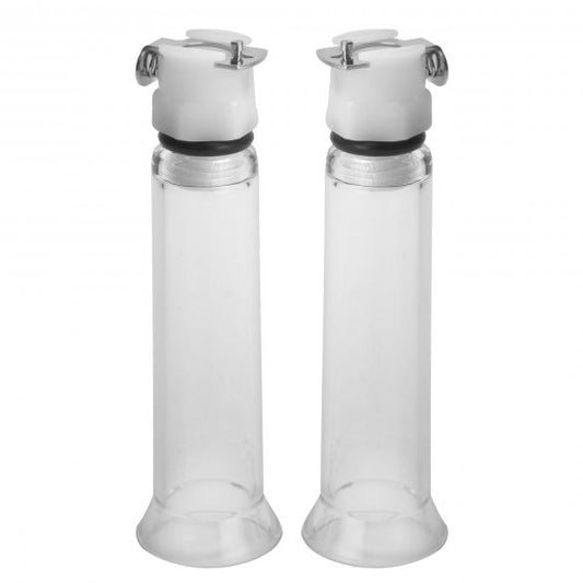 A pair of clear acrylic nipple vacuum pump cylinders on a white background, showcasing their industrial design and dual T connecter for even suction, with measurements indicated.