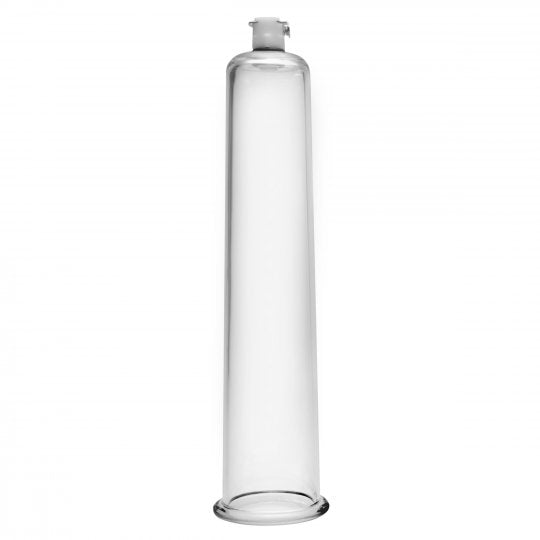 Handcrafted tapered acrylic cylinder designed for comfort, 9 inches long and 1.75 inches in diameter, featuring a built-in air valve for easy disconnection from pump, clear color, compatible with Size Matters pumps.