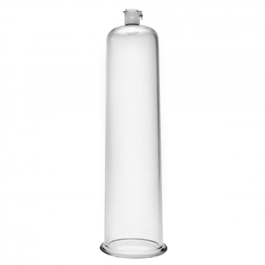 Handcrafted tapered acrylic cylinder designed for comfort, measuring 9 inches long and 2.25 inches in diameter, featuring a clear finish and a state-of-the-art air valve for easy disconnection. Compatible with Size Matters pumps, sold separately.