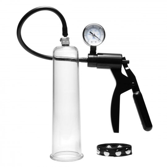 Premium Penis Pumping Kit including pump, cylinder, and adjustable cock ring with clear acrylic and plastic design, measuring 9 inches in length and 2.25 inches in diameter