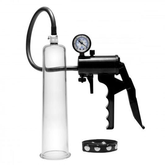 Premium Penis Pumping Kit featuring a clear acrylic cylinder, adjustable leather cock ring, and a pump designed for stimulation and enlargement, measuring 9 inches in length and 2 inches in diameter.