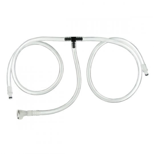 Clear Companion connector for Size Matters hand pumps and pump cylinders, featuring one 9.5-inch pump connection tube and two 24-inch cylinder connection tubes, designed for simultaneous pumping of two cylinders.