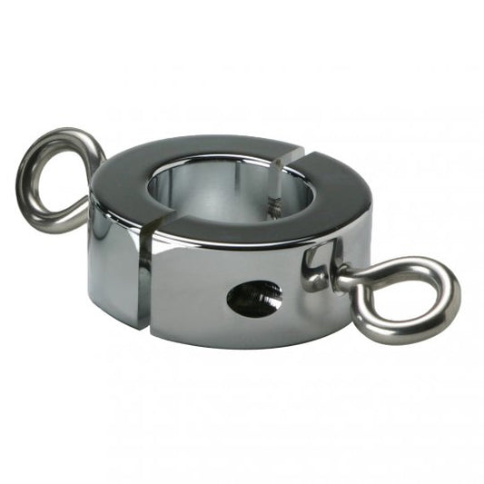 Chrome plated brass ball stretcher designed for comfort and enhanced stretching, featuring 2.375 inches outer diameter, 1.375 inches inner diameter, and 1 inch thickness, in grey color.