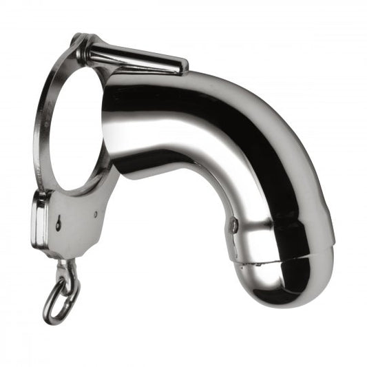 Chastity device made of stainless steel in grey color, featuring a tube measuring 4.25 inches in length and 1 inch in diameter, designed to securely lock the wearer with a double-locking cuff positioned behind the balls, preventing removal and self-stimulation.