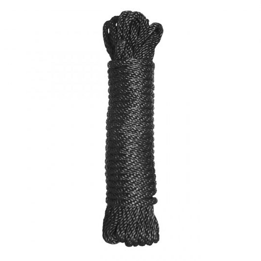 Black nylon rope for role play and domination, 300 inches long and 0.25 inches in diameter, designed for comfort without skin irritation.