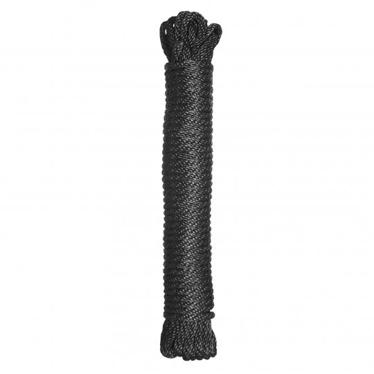 Black nylon rope, 600 inches long and 0.25 inches in diameter, designed for role play and domination without irritating skin.