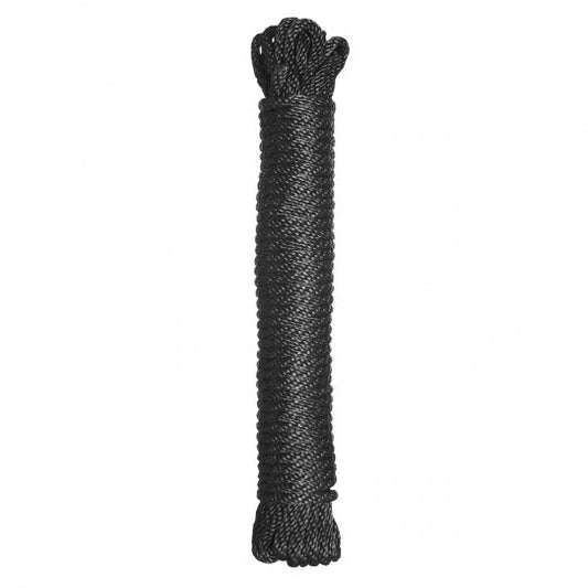 Black nylon rope, 600 inches long and 0.25 inches in diameter, designed for role play and domination without irritating skin.