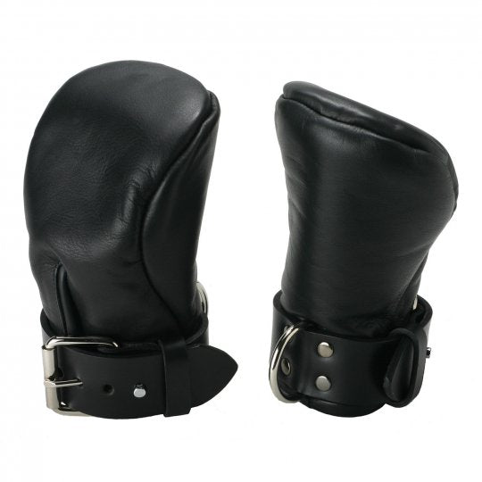 Strict Leather Deluxe Padded Fist Mitts in black leather with buckle straps and D-Rings, designed to keep hands secure and in a fist position for bondage use.