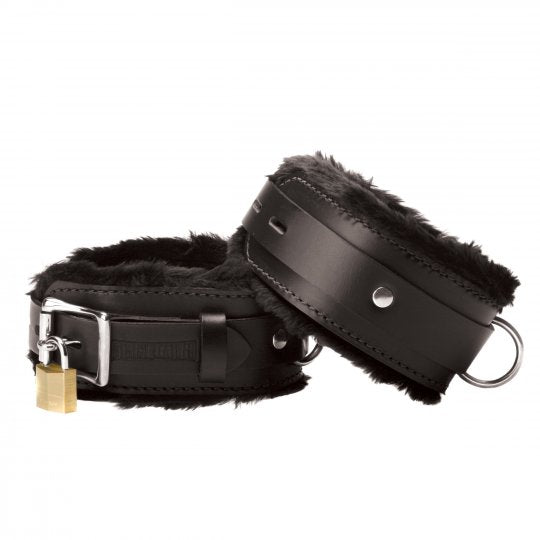 Black leather fur lined cuffs with adjustable sizing, featuring two layers of ultra soft fur and a lockable top strap for added strength and durability.