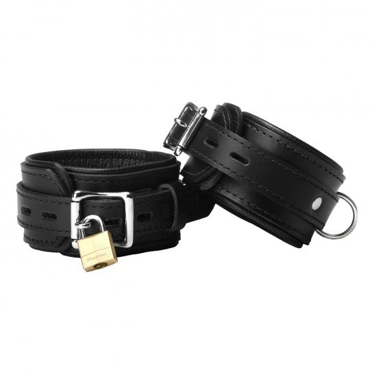 Heavy duty black leather wrist and ankle cuffs with locking buckle design, adjustable from 6-13 inches, weighing over 10 ounces, featuring a sturdy metal construction.