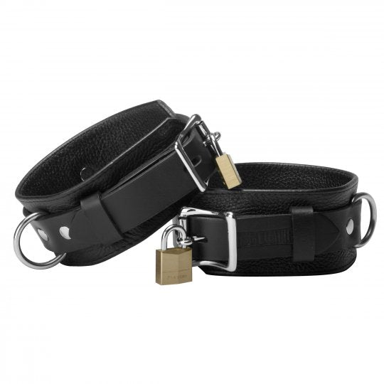 Strict Leather Deluxe Leather Locking Cuffs in black, made from durable high-quality leather, featuring a locking buckle system and measuring 9 inches in circumference.