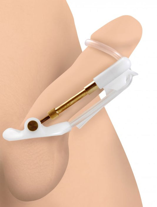 Penile Aide device showcasing its design with spring-loaded steel rods for discreet use and potential enhancement, placed on a neutral background